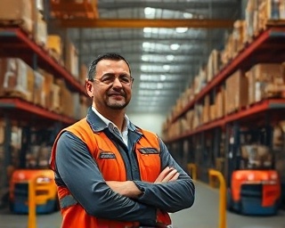 efficient quality inspection, satisfied expression, approving standards, photorealistic, warehouse with organized sections, highly detailed, forklifts moving, f/3.5 ISO 250, earthy tones, heavy industrial lighting, shot with a 50mm lens.