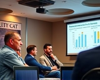 strategic quality assurance meeting, engaged expression, discussing improvement strategies, photorealistic, meeting room with projection screen, highly detailed, charts displayed on screen, f/3.2 ISO 800, varied hues, overhead lighting, shot with a 70mm lens.