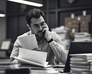 accurate quality standards audit, contemplative expression, noting discrepancies, photorealistic, audit room with stacks of paperwork, highly detailed, digital devices in use, f/2.2 ISO 560, crisp monochrome, LED lighting, shot with a 58mm lens.
