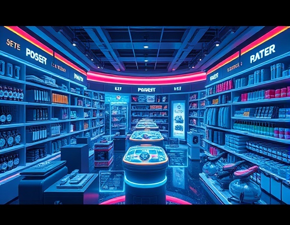 futuristic product categories layout, innovative, arranging items logically, photorealistic, virtual shopping landscape with holographic displays, highly detailed, dynamic sorting animations, ultra HD, neon accents, ambient glow lighting, shot with a wide-angle lens.