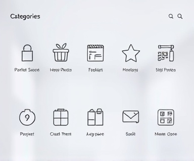 minimalistic product categories icons, elegant, representing distinct categories, photorealistic, clean digital interface background, highly detailed, subtle hover effects, high resolution, pastel tones, soft florescent lighting, shot with a macro lens.