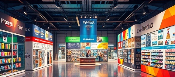 vibrant product categories design, lively, featuring colorful graphics, photorealistic, engaging exhibition space with posters, highly detailed, animated graphics, full HD, rainbow spectrum, spotlight lighting, shot with a zoom lens.