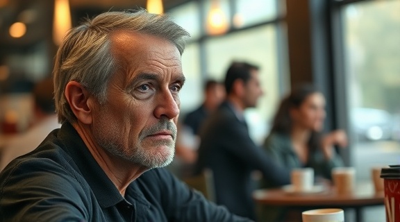 thoughtful product feedback, reflective expression, considering options, photorealistic, in a cozy café with background chatter, highly detailed, movement in steam from coffee, slightly warm colors, diffused lighting, shot with a 28mm lens