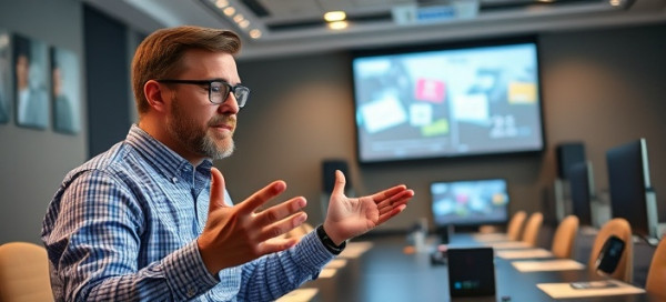 expert product reviews, confident expression, explaining features, photorealistic, in a sophisticated boardroom with projectors, highly detailed, active hand gestures, professional colors, overhead lighting, shot with a 70mm lens