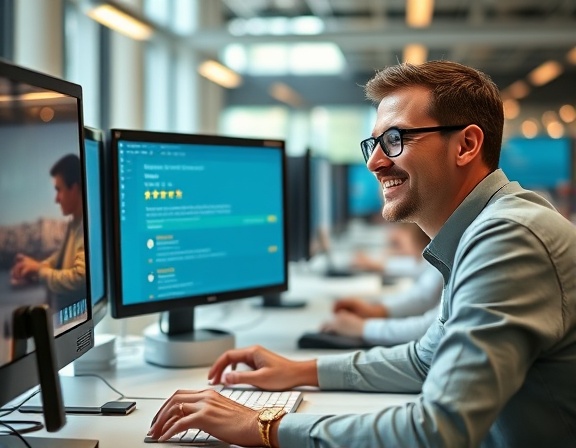 customer review ratings, pleased expression, inputting score, photorealistic, in a busy open-plan workspace, highly detailed, visible screen reflections, balanced colors, diffused daylight, shot with a 40mm lens
