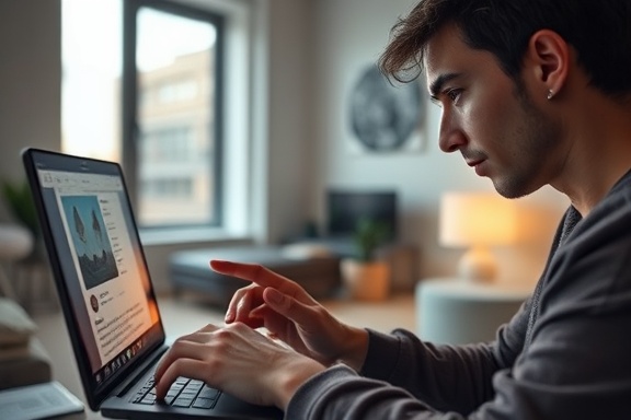 elaborate product feedback, curious expression, searching online, photorealistic, in a sleek minimalistic studio apartment, highly detailed, rapid finger taps, subdued colors, indirect lighting, shot with a 60mm lens