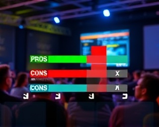 constructive review score, analytical expression, highlighting pros and cons, photorealistic, in a tech conference setup, highly detailed, audience movement in background, vibrant colors, spotlight lighting, shot with a 35mm lens