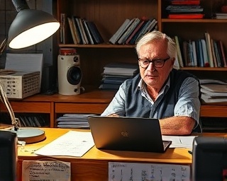insightful product critique, serious expression, making comparisons, photorealistic, at a wooden desk cluttered with notes, highly detailed, organized chaos, deep colors, focused lamp lighting, shot with a 50mm lens