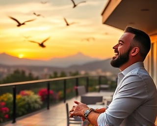 definitive product reviews, jovial expression, concluding review, photorealistic, outdoor patio with distant mountains, highly detailed, birds in flight, warm colors, sunset lighting, shot with a 18mm lens