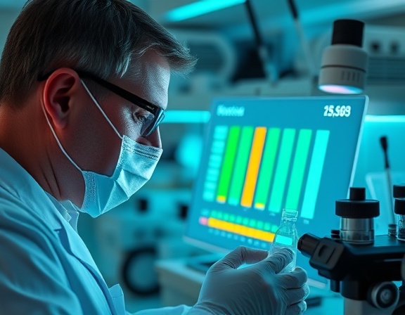 precise review ratings, methodical expression, calculating score, photorealistic, in a science lab with various equipment, highly detailed, precise tool usage, sterile colors, fluorescent lighting, shot with a 100mm lens
