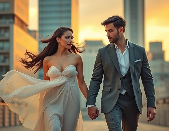 high-fashion editorial couple, intense gaze, walking hand in hand, photorealistic, cityscape backdrop with dramatic architecture, highly detailed, fluttering clothing creating dynamic movement, soft pastel colors, golden hour glow, shot with an 85mm lens.