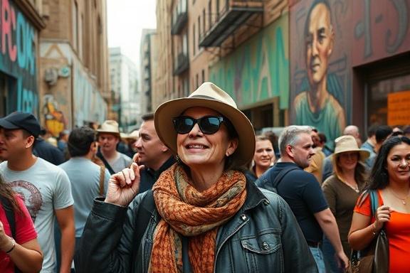 street style enthusiast, joyful, capturing candid moment, photorealistic, vibrant urban setting with art murals, highly detailed, bustling crowd adding energy, earthy tones, diffused lighting, shot with a 35mm lens.