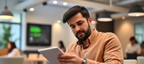 informed review score, pondering expression, scrolling on tablet, photorealistic, in a trendy co-working space, highly detailed, ambient activity around, pastel colors, recessed lighting, shot with a 42mm lens