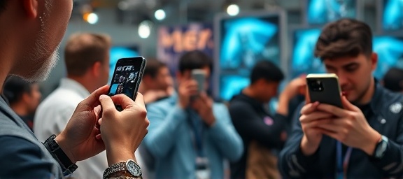 cutting-edge electronics devices, intrigued, interfacing, photorealistic, set in a tech conference with posters around, highly detailed, people capturing moments with phones, 8k resolution, chrome, ambient spotlights, shot with a macro lens.