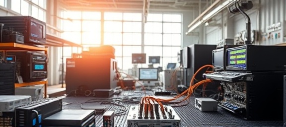 innovative electronics technology, focused, assembling, photorealistic, inside a bright open workspace filled with gadgets, highly detailed, digital readouts flickering, super sharp, holographic hues, natural sunlight, shot with a wide-angle lens.