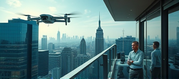 state-of-the-art electronics innovation, surprised, examining, photorealistic, on a futuristic cityscape balcony overlooking skyscrapers, highly detailed, hovering drones as bystanders, finely textured, vibrant blue, late afternoon glow, shot with a 16mm lens.