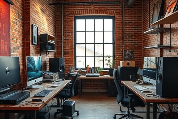 sleek electronics products, content, arranging, photorealistic, in a cozy loft with a brick wall and large windows, highly detailed, cables coiled neatly on desks, crystal clear, earthy tones, soft diffused lighting, shot with a 50mm lens.