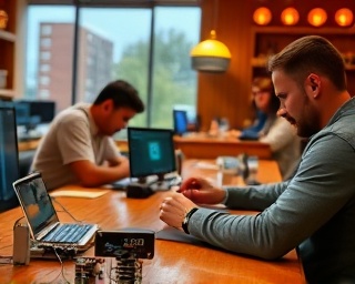 compact electronics gadgets, curious, programming, photorealistic, at a hip cafe filled with engineers, highly detailed, displays showing code snippets, ultra-fine clarity, warm wood and copper, evening golden hour, shot with a 35mm lens.