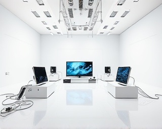 minimalist electronics devices, focused, optimizing, photorealistic, in a polished tech showroom surrounded by prototypes, highly detailed, holograms projecting product features, smooth gradient, pure white, bright studio lights, shot with an 85mm lens.