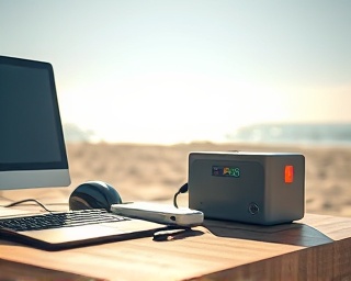 next-gen electronics technology, amazed, testing, photorealistic, on a digital nomad’s desk by the beach, highly detailed, portable power units glowing softly, high fidelity, pastel colors, midday sunbeam, shot with a 28mm lens.