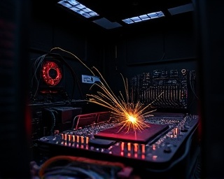 high-performance electronics innovation, concentrated, calibrating, photorealistic, in a dark room with glowing circuit boards, highly detailed, sparks intermittently lighting up, impeccable resolution, deep blacks and reds, overhead LED lighting, shot with a 100mm lens.