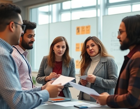 diverse group of coworkers, engaged expression, brainstorming, photorealistic, contemporary co-working space with glass walls and whiteboards, highly detailed, lively discussion with note-taking and sketching, ISO 200, warm lighting, shot with a Nikon D850.