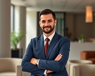 approachable office staff, welcoming expression, greeting clients, photorealistic, reception area with minimalist decor and seating, highly detailed, subtle movement of office accessories, f/2.8 aperture, soft daylight, shot with a Sony A7R IV.