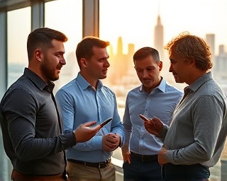 dynamic team portrait, determined expression, strategizing, photorealistic, urban office with city skyline view, highly detailed, vibrant interaction with digital presentations, HDR, golden hour sunlight, shot with a Panasonic Lumix S1.