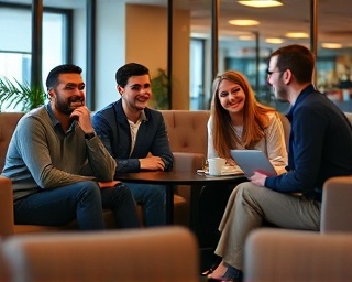 friendly coworker group, smiling expression, casual meeting, photorealistic, cozy office lounge with coffee tables and armchairs, highly detailed, animated gestures and coffee cups, 35mm lens, ambient evening light, shot with a Fujifilm GFX 50S II.