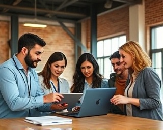 diverse office team, focused expression, collaborating on project, photorealistic, industrial-chic workspace with exposed bricks and steel beams, highly detailed, energetic exchange with laptops and tablets, f/4, natural morning light, shot with an Olympus OM-D E-M1 Mark III.