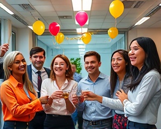 enthusiastic staff group, joyous expression, celebrating success, photorealistic, decorated office with balloons and streamers, highly detailed, lively movement and clinking glasses, ISO 400, festive lighting, shot with a Leica SL2.