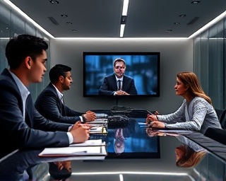 professional corporate team, serious expression, attending a video conference, photorealistic, sleek boardroom with long table and projector, highly detailed, concentrated ambiance with notepads and pens, f/1.8 aperture, daylight balanced LED lighting, shot with a Hasselblad X1D II 50C.