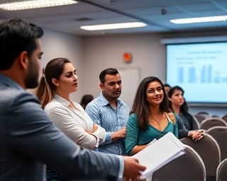 multifaceted coworkers, curious expression, learning new skills, photorealistic, seminar room with presentation screen and rows of chairs, highly detailed, interactive engagement with speaker and material handouts, ISO 800, cool fluorescent lighting, shot with a Canon EOS-1D X Mark III.