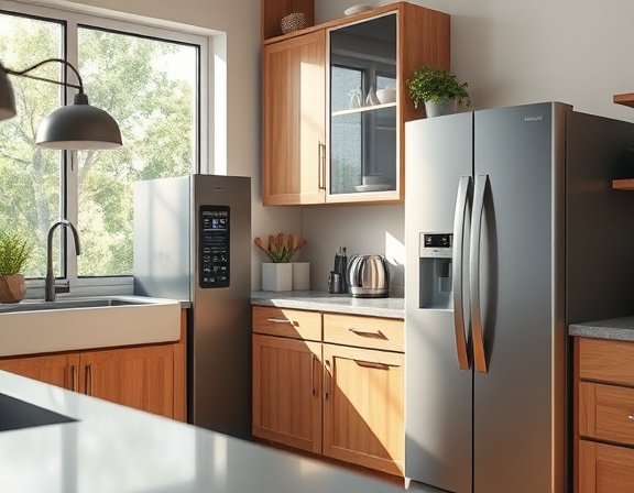 cutting-edge electric appliances, demonstrating efficiency, actively working and being handled, photorealistic, situated in an eco-friendly kitchen with wood accents and plenty of natural light from large windows, highly detailed, electric arcs and buttons, 1/100 sec, metallic gray, soft morning lighting, shot with a 24mm lens.