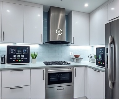 smart kitchen appliances, showcasing intelligence, being operated via touchscreens and voice control, photorealistic, set in a high-tech kitchen with sleek interfaces and an immersive ambient, highly detailed, interactive LED indicators, 30fps, glossy white, bright overhead lighting, shot with an 85mm lens.