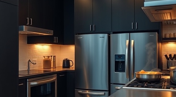 stylish contemporary appliances, expressing innovation, actively engaged in cooking processes, photorealistic, within a minimalist kitchen space with dark cabinets and under-cabinet lighting, highly detailed, condensation and food being cooked, 1/60 sec, polished steel, warm under-counter lighting, shot with a 50mm prime lens.