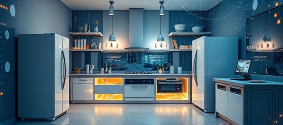 futuristic energy-efficient appliances, encapsulating advancement, seamlessly integrating into daily routines, photorealistic, set against a backdrop of a cutting-edge digital connectivity environment, highly detailed, minimal harmonic waves and smart feedback systems, f/3.5, transparent design, balanced lighting, shot with a 25mm wide-angle lens.