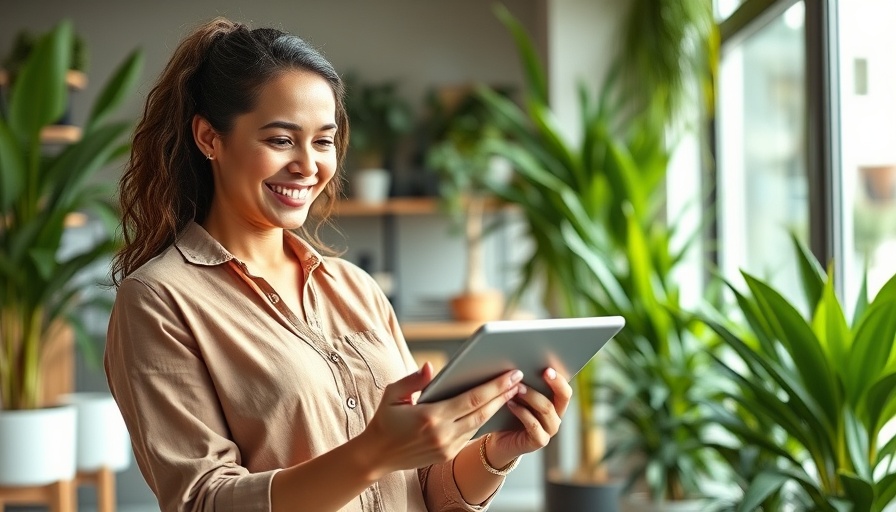 Woman using tablet in a bright office with plants, Small Business Security Systems.