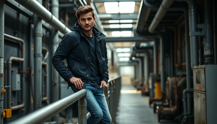 Man in black jacket and blue jeans in industrial setting