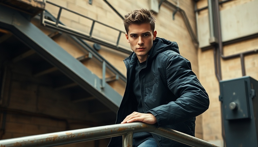 Man climbing railing near industrial equipment in black jacket, AI-Powered Burglars.