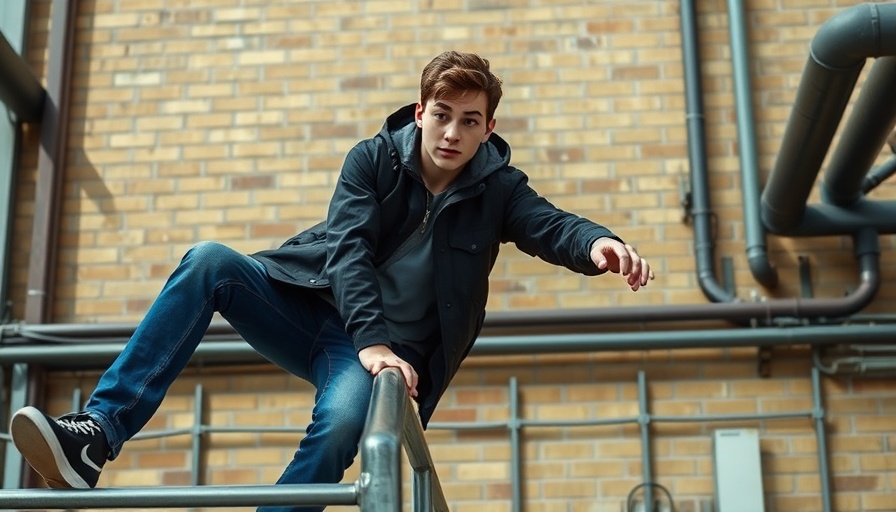 AI-powered burglars concept: person in black jacket climbing railing.