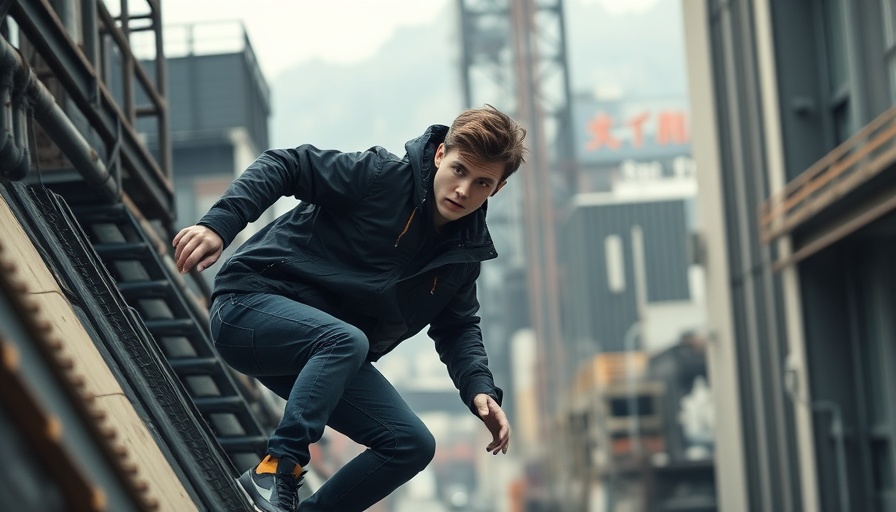 AI-Powered Burglars Threat: Man in black jacket climbing railing.