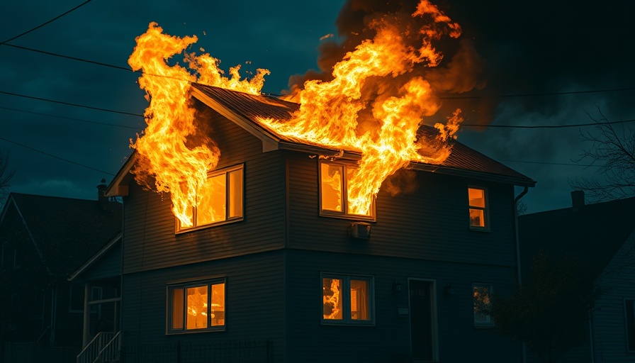 Climate change and home security risks: house engulfed in flames.