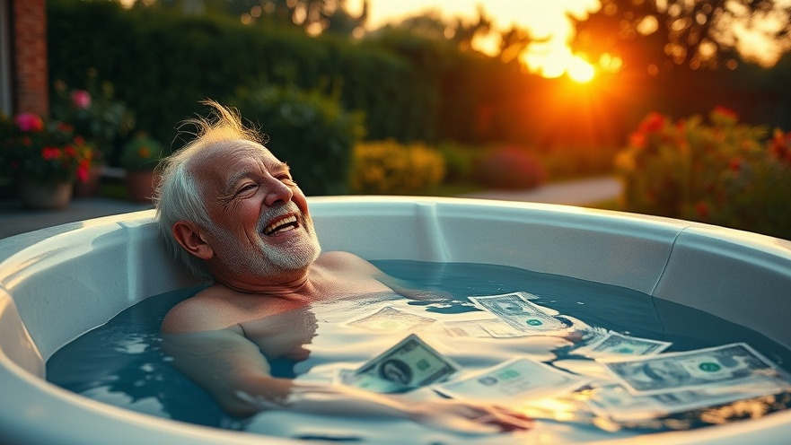 Elderly man in hot tub with floating money symbolizes guaranteed return investment for financial independence.