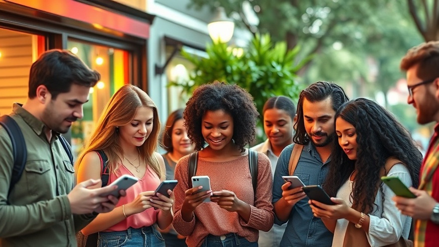 Diverse group reacting to reviews outside a café, highlighting AI impact on local SEO.