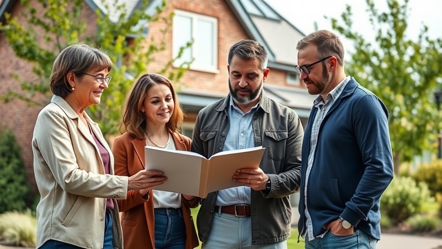 Home buying process: agent and buyers review home inspection details outdoors.