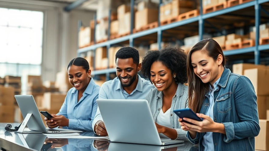 Diverse professionals using inventory management software in a warehouse, optimizing stock levels.