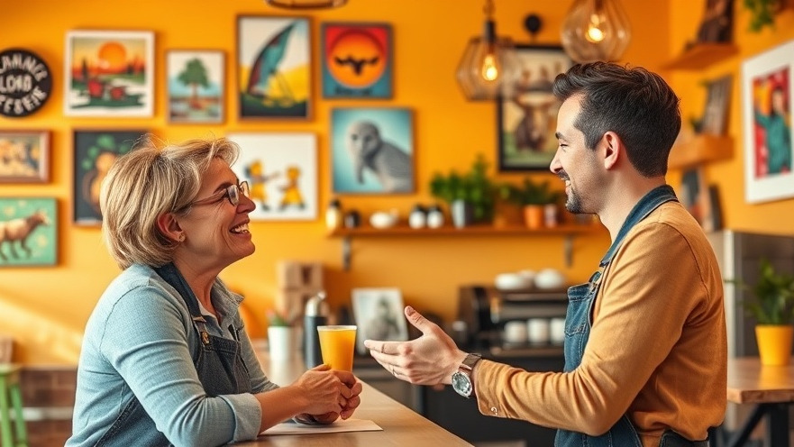 Local business owner engaging with a customer in a welcoming café, enhancing local SEO.