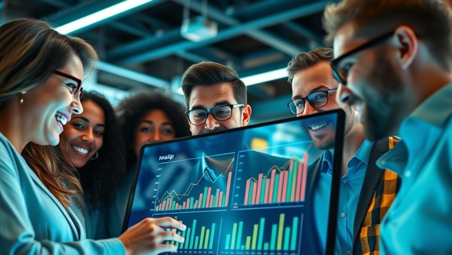 Excited professionals collaborating on conversion strategies with AI in marketing analytics.