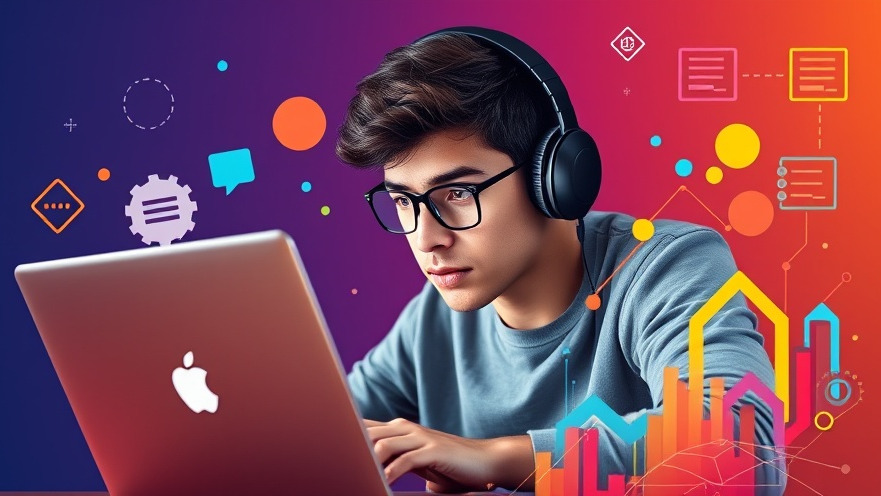 Young man with headphones engaging with a laptop, illustrating embed codes for digital marketing.